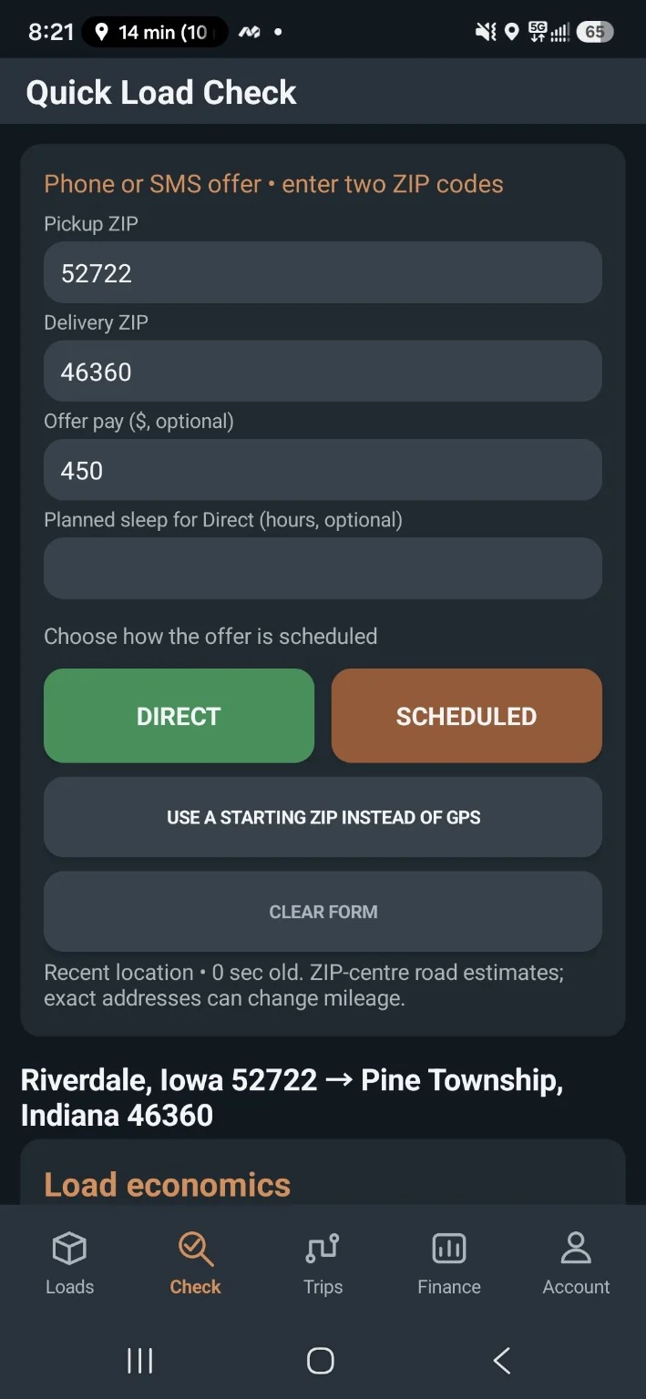 MilePocket Quick Load Check screen on Android