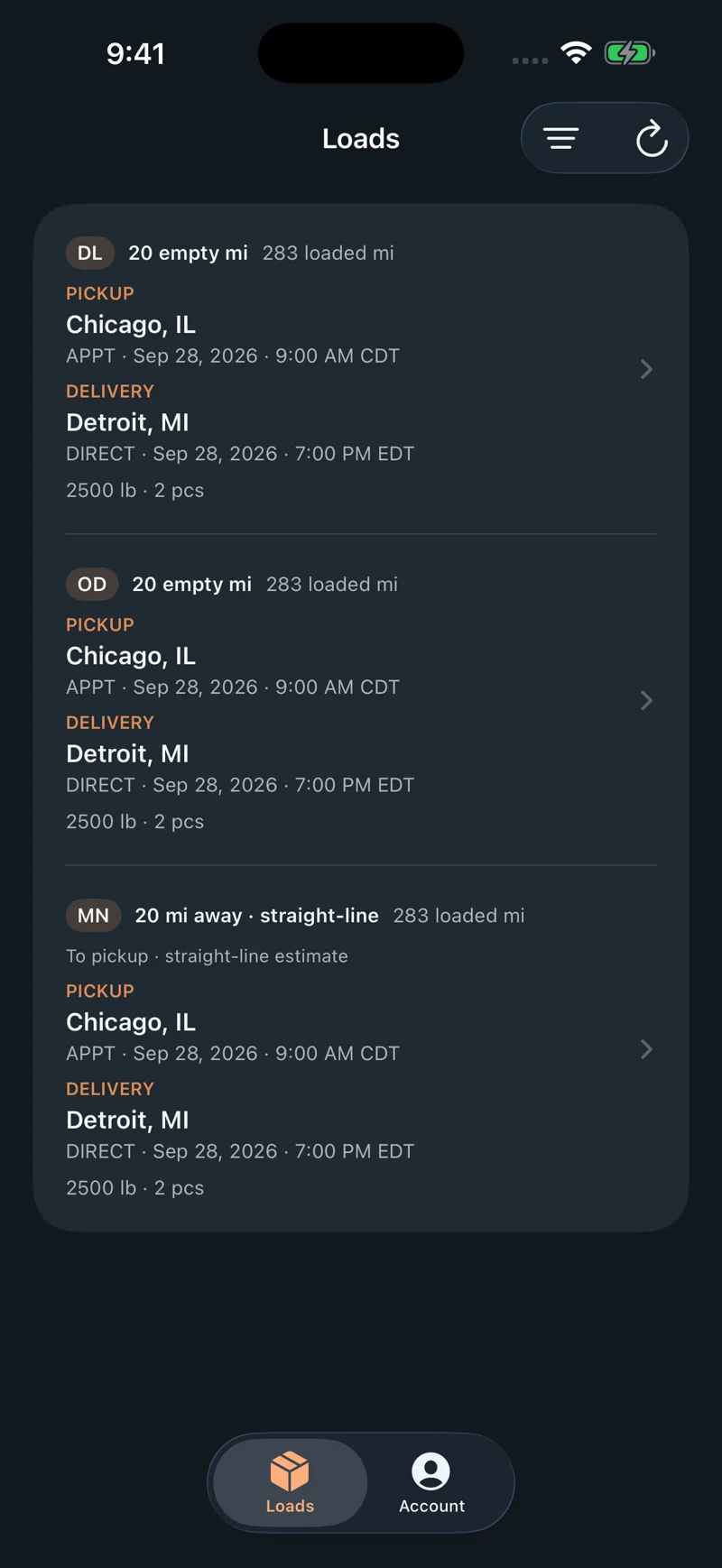 MilePocket Loads app screen